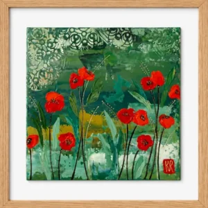 floral artwork featuring bold red poppies against layered green tones