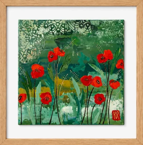 floral artwork featuring bold red poppies against layered green tones